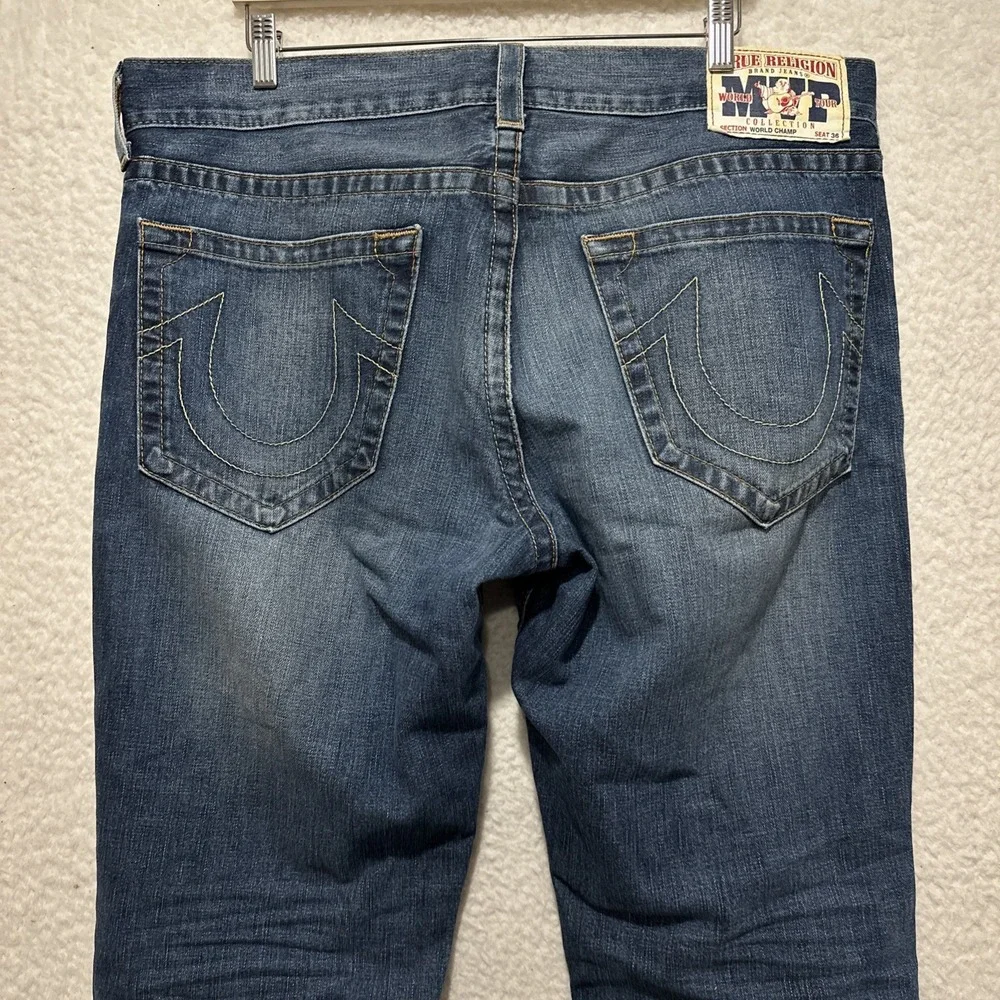 Vintage True Religion World Champ Blue Wash Straight Jeans Sz 36 Made In USA